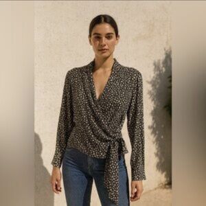 Frank + Oak Cropped Floral Wrap Blouse Black White Tan Flowers Size Small